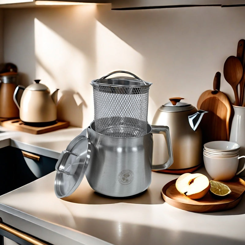 Rose and Stainless Steel Fryer with packing, lid, basket and main fryer on counter top