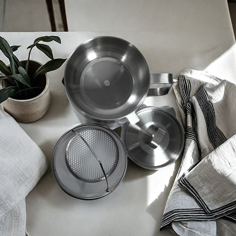 logo_main_4Rose and Stainless Steel Fryer with packing, lid, basket, filter and main fryer on counter top