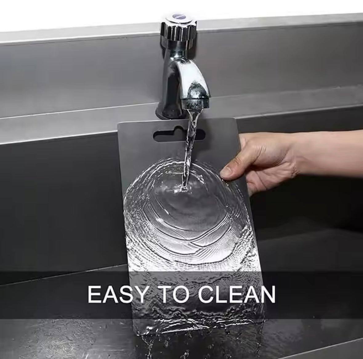 Rose and Teddy Stainless Steel cutting board showing how to clean using tap water