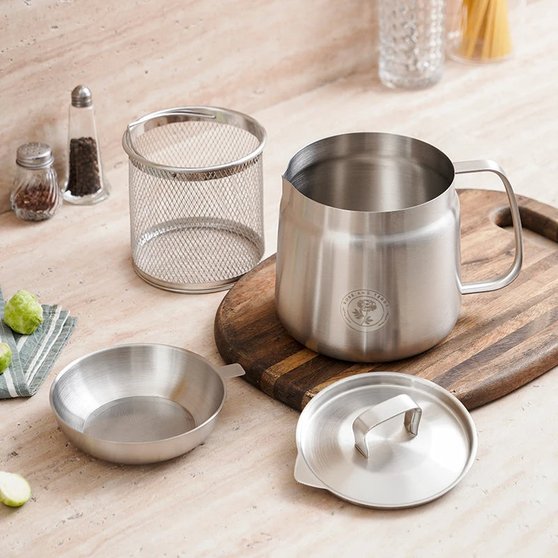 Rose and Stainless Steel Fryer showing basket, filter and lid