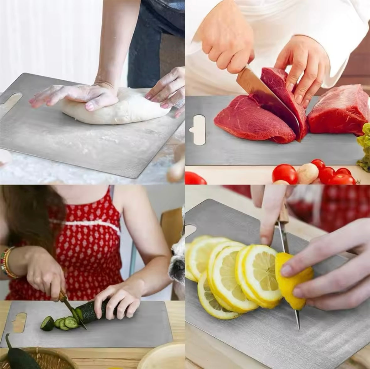 Rose and Teddy Stainless Steel cutting board showing flour being made, meet being cut, cucumber and lemon being cut